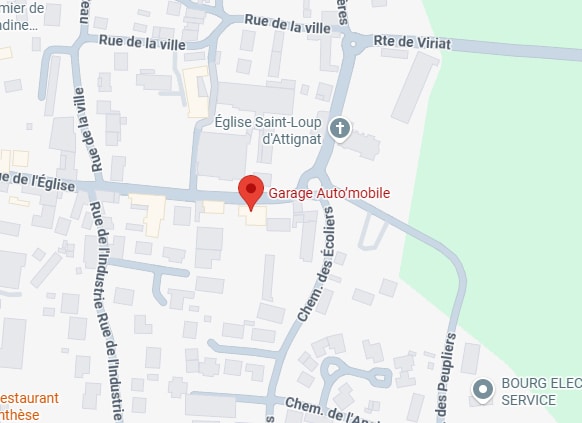 Garage Auto'mobile à Attignat : Plan et Localisation Plan Google Maps du Garage Auto'mobile à Attignat, situé près de l'église Saint-Loup et du Chemin des Écoliers.